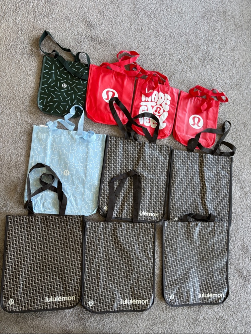 Lululemon Reusable Tote Bags - Red, Black, Light Blue, Dark Green
